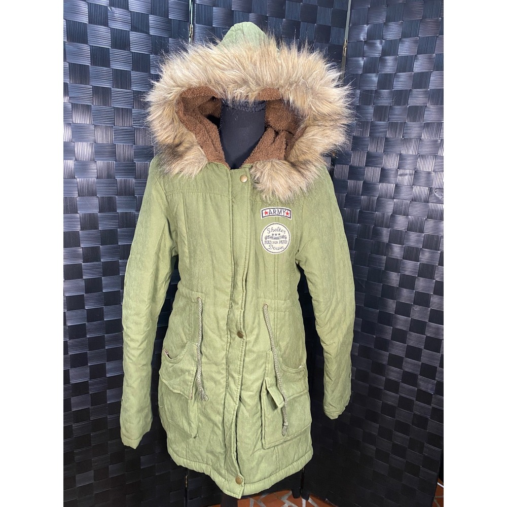 Z&I Parka Jacket Women Large Green Faux Fur Trim Hood Army Patches Sherpa‎ Lined